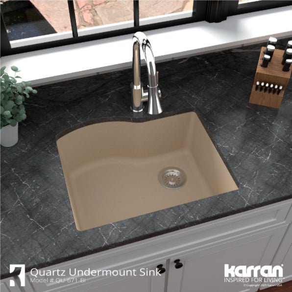 Karran 24" Undermount Quartz Composite Kitchen Sink, Bisque, QU-671-BI-PK1