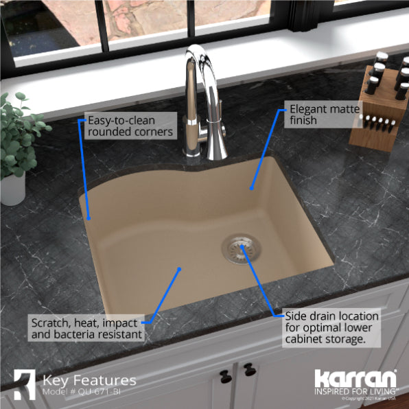 Karran 24" Undermount Quartz Composite Kitchen Sink, Bisque, QU-671-BI-PK1