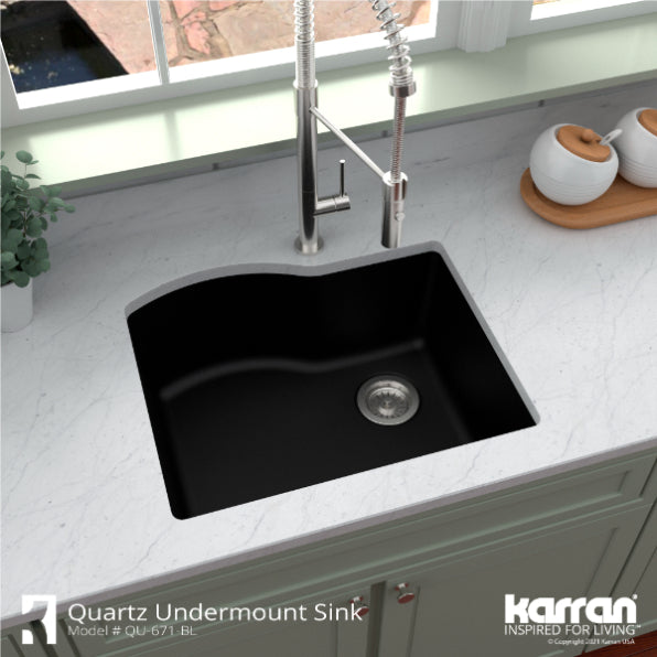 Karran 24" Undermount Quartz Composite Kitchen Sink, Black, QU-671-BL