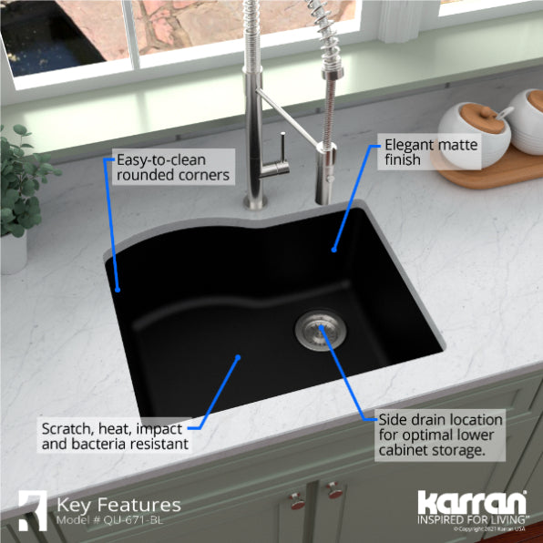 Karran 24" Undermount Quartz Composite Kitchen Sink, Black, QU-671-BL