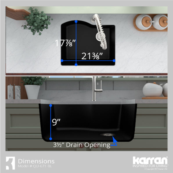 Karran 24" Undermount Quartz Composite Kitchen Sink, Black, QU-671-BL-PK1