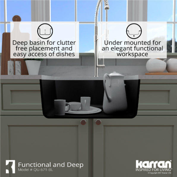 Karran 24" Undermount Quartz Composite Kitchen Sink, Black, QU-671-BL