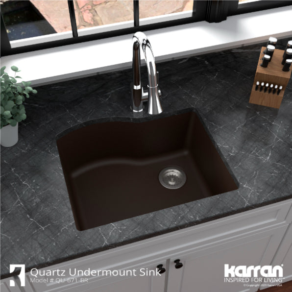 Karran 24" Undermount Quartz Composite Kitchen Sink, Brown, QU-671-BR-PK1