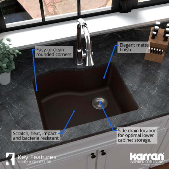 Karran 24" Undermount Quartz Composite Kitchen Sink, Brown, QU-671-BR-PK1