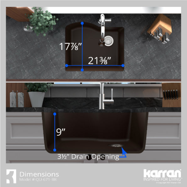 Karran 24" Undermount Quartz Composite Kitchen Sink, Brown, QU-671-BR-PK1