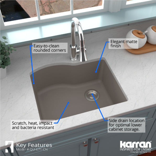 Karran 24" Undermount Quartz Composite Kitchen Sink, Concrete, QU-671-CN-PK1