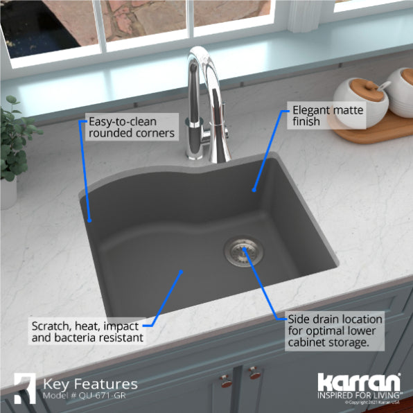 Karran 24" Undermount Quartz Composite Kitchen Sink, Grey, QU-671-GR