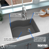 Karran 24" Undermount Quartz Composite Kitchen Sink, Grey, QU-671-GR-PK1