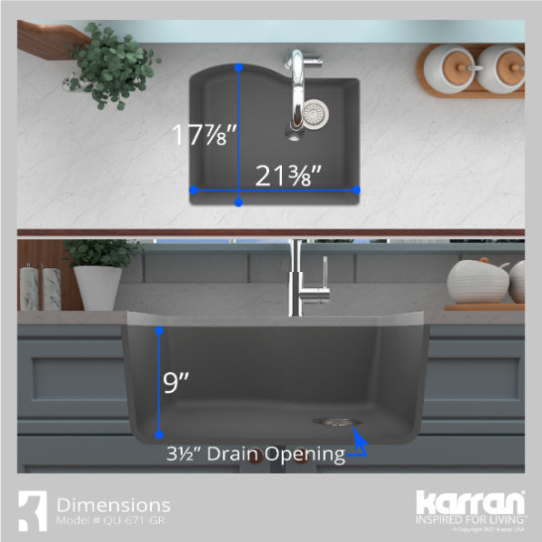 Karran 24" Undermount Quartz Composite Kitchen Sink, Grey, QU-671-GR