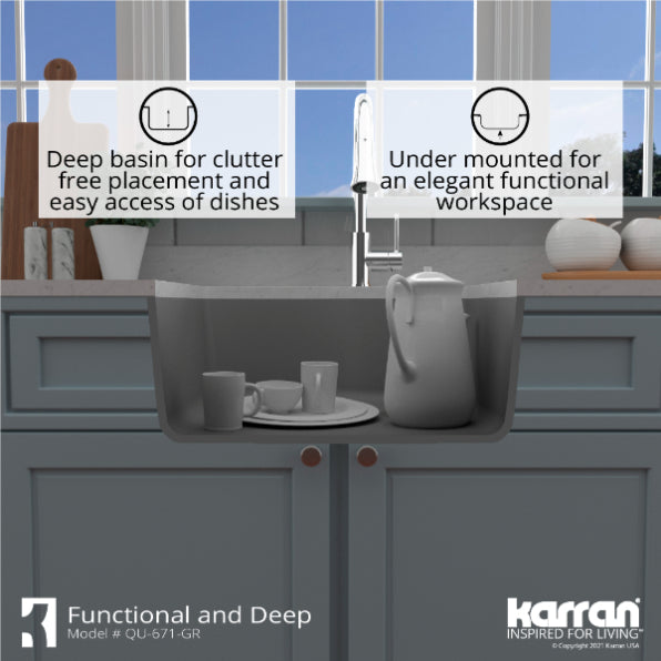 Karran 24" Undermount Quartz Composite Kitchen Sink, Grey, QU-671-GR