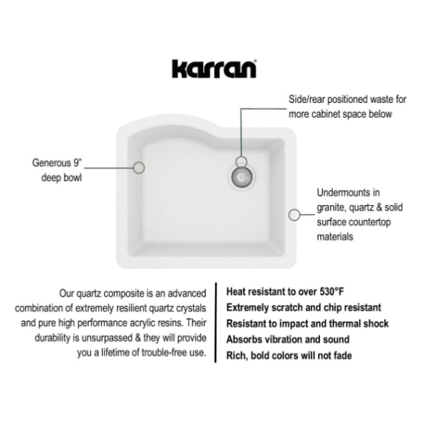 Karran 24" Undermount Quartz Composite Kitchen Sink, White, QU-671-WH-PK1