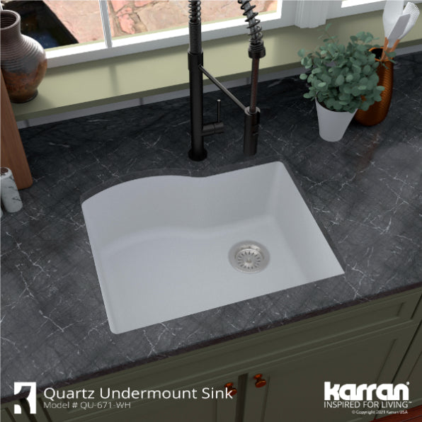 Karran 24" Undermount Quartz Composite Kitchen Sink, White, QU-671-WH-PK1