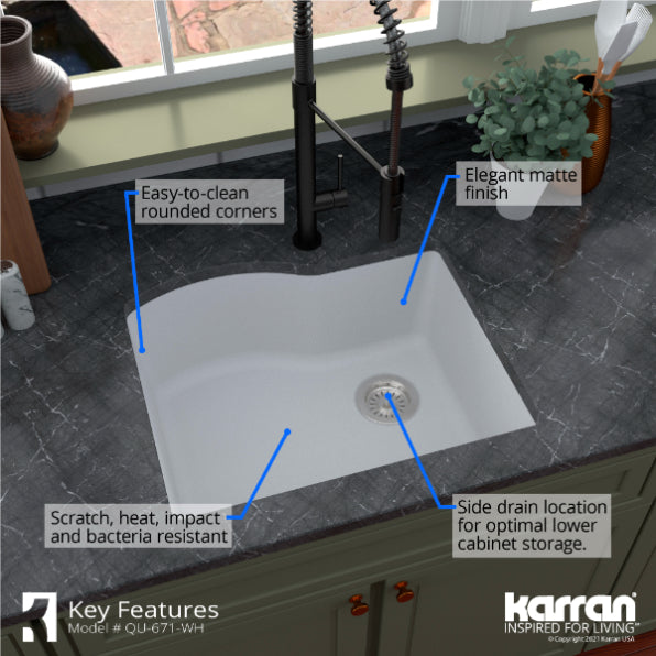 Karran 24" Undermount Quartz Composite Kitchen Sink, White, QU-671-WH-PK1