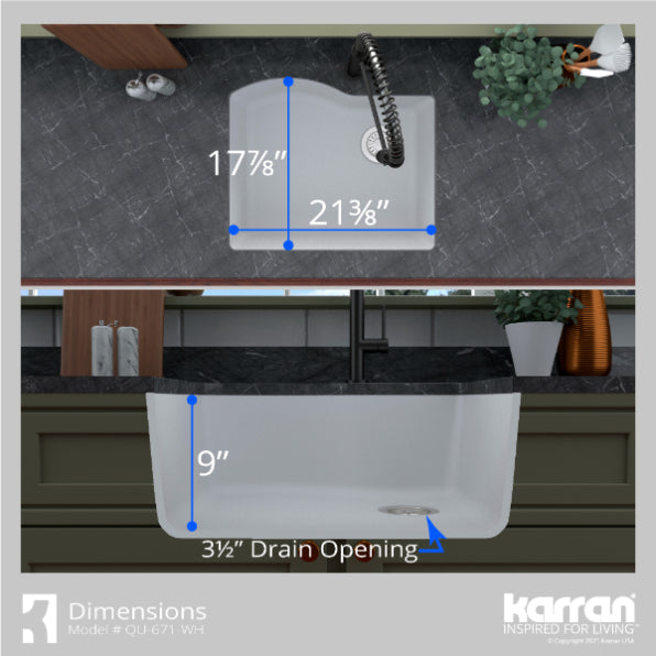 Karran 24" Undermount Quartz Composite Kitchen Sink, White, QU-671-WH-PK1