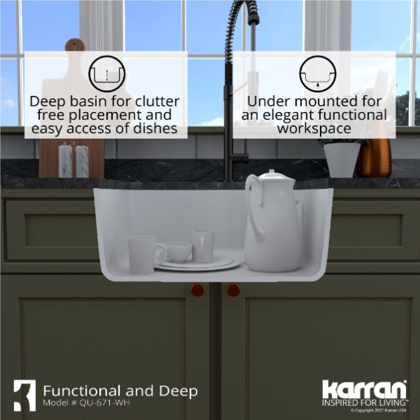 Karran 24" Undermount Quartz Composite Kitchen Sink, White, QU-671-WH-PK1
