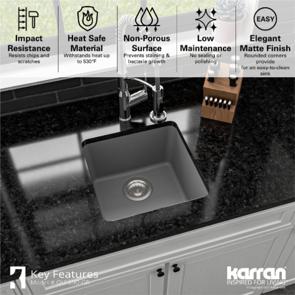 Karran 17" Undermount Quartz Composite Kitchen Sink, Grey, QU-690-GR