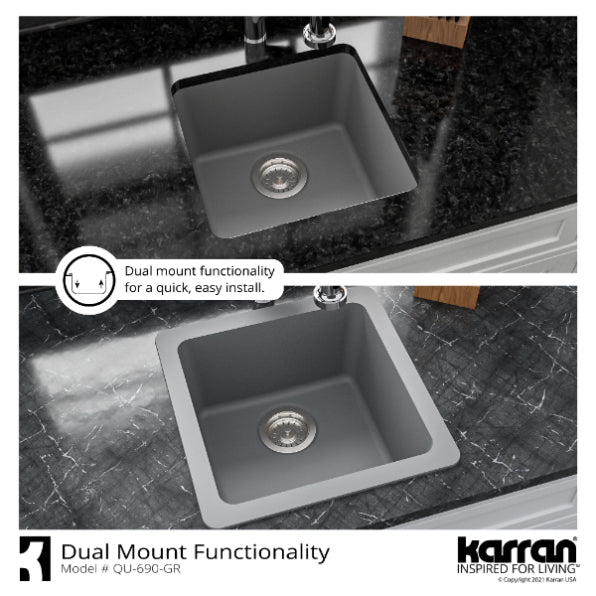 Karran 17" Undermount Quartz Composite Kitchen Sink, Grey, QU-690-GR