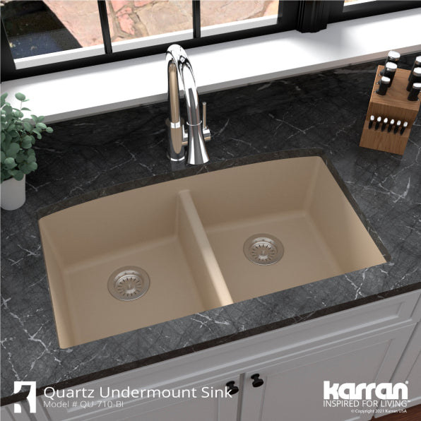 Karran 33" Undermount Quartz Composite Kitchen Sink, 50/50 Double Bowl, Bisque, QU-710-BI-PK1