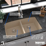 Karran 33" Undermount Quartz Composite Kitchen Sink, 50/50 Double Bowl, Bisque, QU-710-BI-PK1