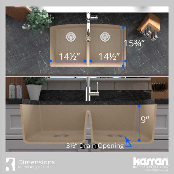 Karran 33" Undermount Quartz Composite Kitchen Sink, 50/50 Double Bowl, Bisque, QU-710-BI-PK1