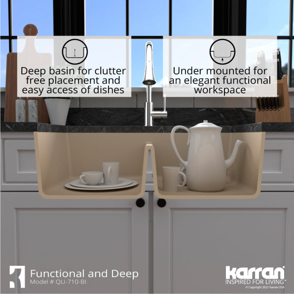 Karran 33" Undermount Quartz Composite Kitchen Sink, 50/50 Double Bowl, Bisque, QU-710-BI-PK1