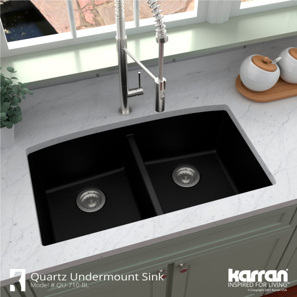 Karran 33" Undermount Quartz Composite Kitchen Sink, 50/50 Double Bowl, Black, QU-710-BL-PK1