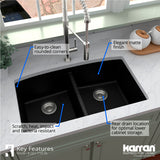Karran 33" Undermount Quartz Composite Kitchen Sink, 50/50 Double Bowl, Black, QU-710-BL