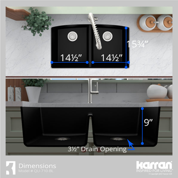 Karran 33" Undermount Quartz Composite Kitchen Sink, 50/50 Double Bowl, Black, QU-710-BL-PK1