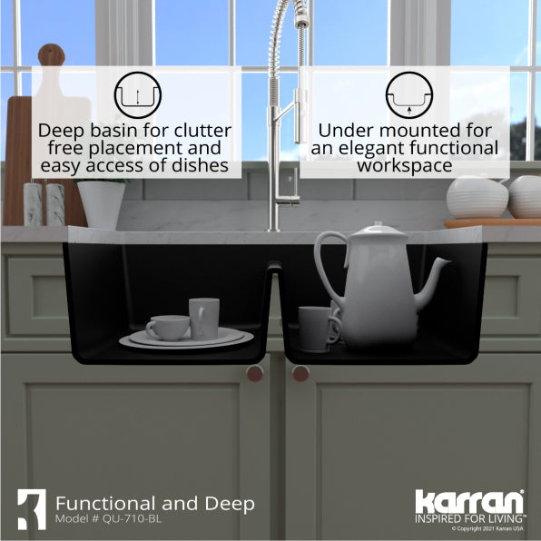 Karran 33" Undermount Quartz Composite Kitchen Sink, 50/50 Double Bowl, Black, QU-710-BL