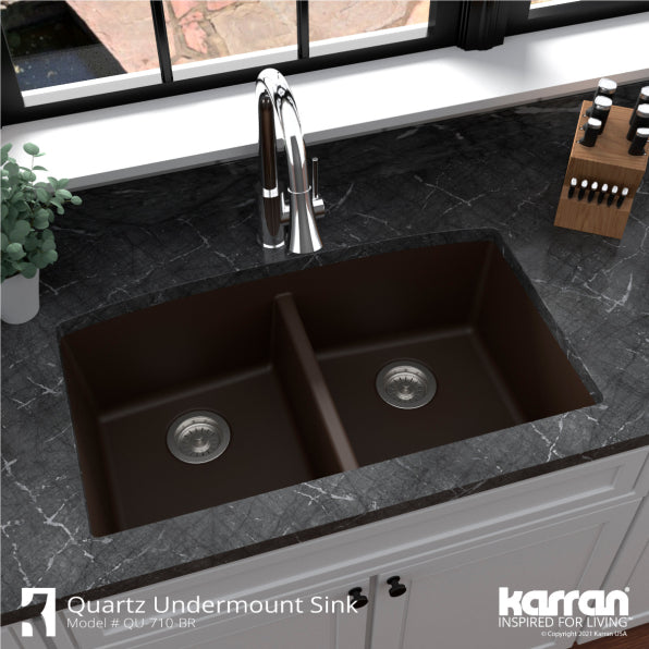 Karran 33" Undermount Quartz Composite Kitchen Sink, 50/50 Double Bowl, Brown, QU-710-BR-PK1