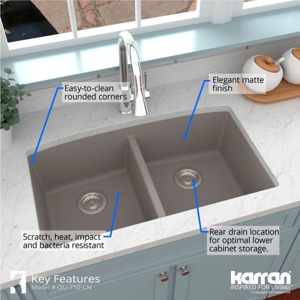 Karran 33" Undermount Quartz Composite Kitchen Sink, 50/50 Double Bowl, Concrete, QU-710-CN-PK1