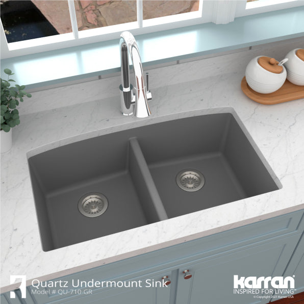 Karran 33" Undermount Quartz Composite Kitchen Sink, 50/50 Double Bowl, Grey, QU-710-GR