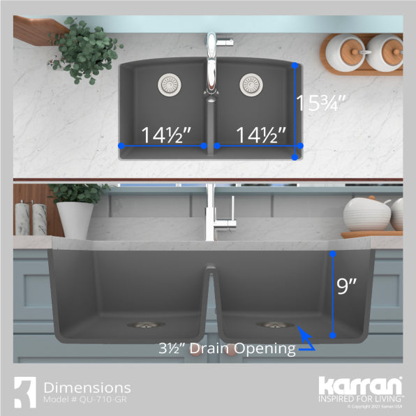 Karran 33" Undermount Quartz Composite Kitchen Sink, 50/50 Double Bowl, Grey, QU-710-GR