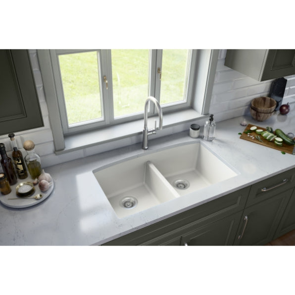 Karran 33" Undermount Quartz Composite Kitchen Sink, 50/50 Double Bowl, White, QU-710-WH