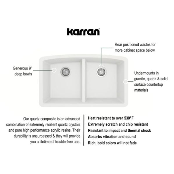 Karran 33" Undermount Quartz Composite Kitchen Sink, 50/50 Double Bowl, White, QU-710-WH