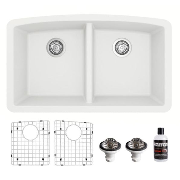Karran 33" Undermount Quartz Composite Kitchen Sink, 50/50 Double Bowl, White, QU-710-WH-PK1