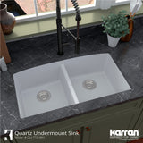 Karran 33" Undermount Quartz Composite Kitchen Sink, 50/50 Double Bowl, White, QU-710-WH