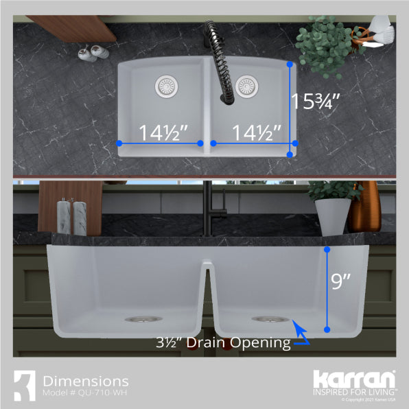 Karran 33" Undermount Quartz Composite Kitchen Sink, 50/50 Double Bowl, White, QU-710-WH