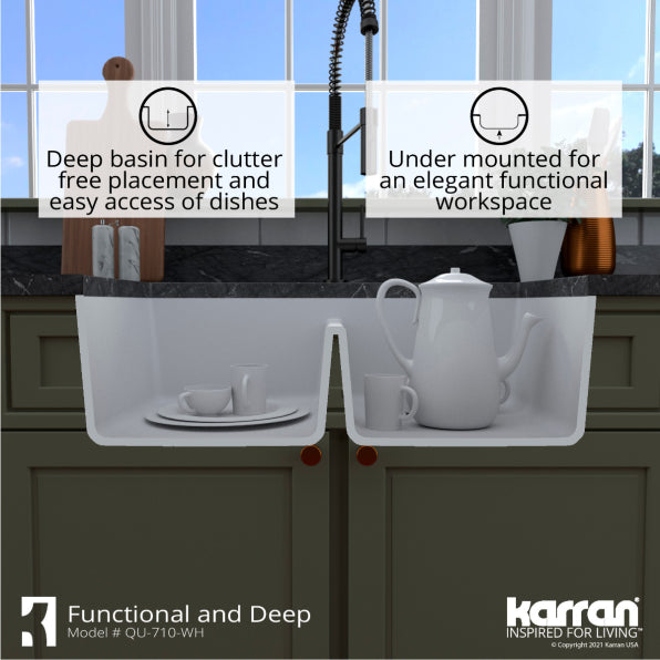 Karran 33" Undermount Quartz Composite Kitchen Sink, 50/50 Double Bowl, White, QU-710-WH-PK1