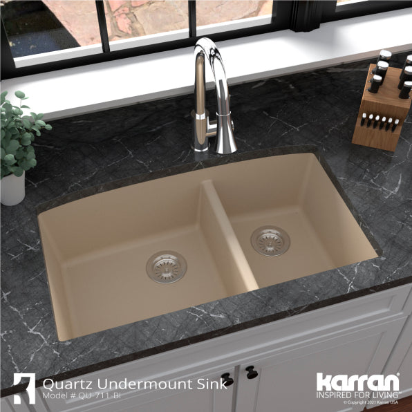 Karran 32" Undermount Quartz Composite Kitchen Sink, 60/40 Double Bowl, Bisque, QU-711-BI-PK1