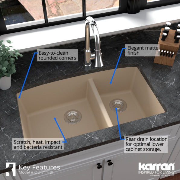 Karran 32" Undermount Quartz Composite Kitchen Sink, 60/40 Double Bowl, Bisque, QU-711-BI-PK1