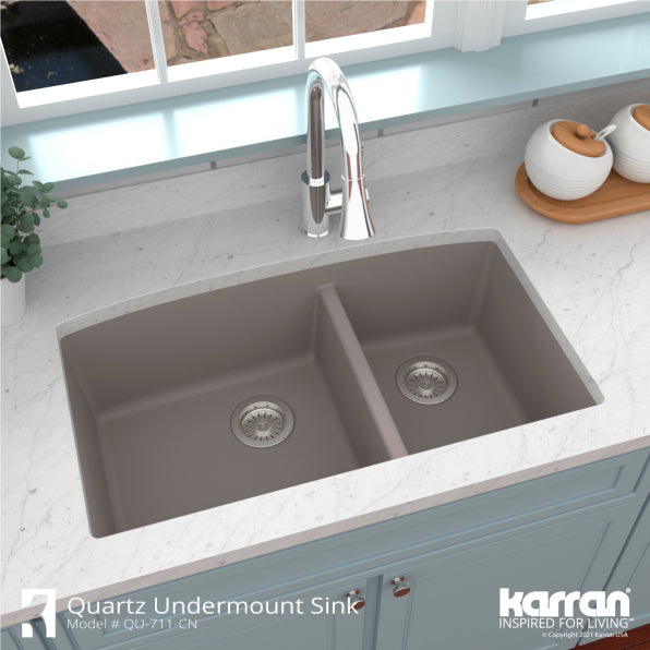 Karran 33" Undermount Quartz Composite Kitchen Sink, 60/40 Double Bowl, Concrete, QU-711-CN