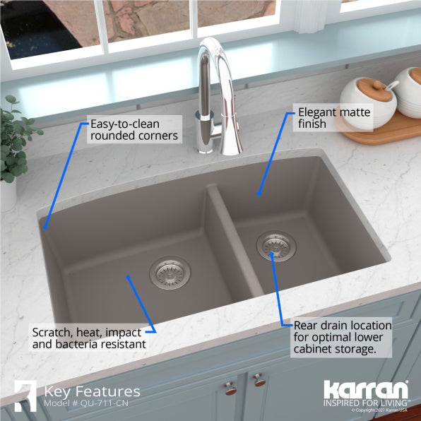 Karran 33" Undermount Quartz Composite Kitchen Sink, 60/40 Double Bowl, Concrete, QU-711-CN