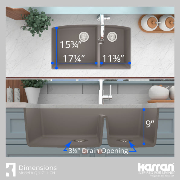 Karran 33" Undermount Quartz Composite Kitchen Sink, 60/40 Double Bowl, Concrete, QU-711-CN