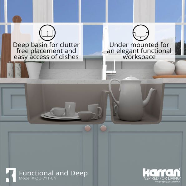 Karran 33" Undermount Quartz Composite Kitchen Sink, 60/40 Double Bowl, Concrete, QU-711-CN
