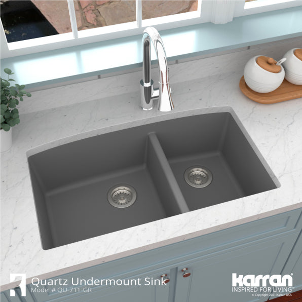 Karran 32" Undermount Quartz Composite Kitchen Sink, 60/40 Double Bowl, Grey, QU-711-GR-PK1