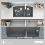 Karran 32" Undermount Quartz Composite Kitchen Sink, 60/40 Double Bowl, Grey, QU-711-GR-PK1
