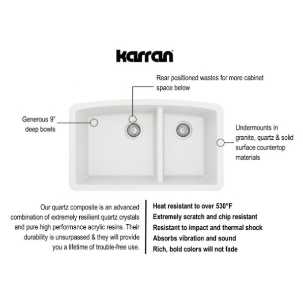Karran 32" Undermount Quartz Composite Kitchen Sink, 60/40 Double Bowl, White, QU-711-WH-PK1