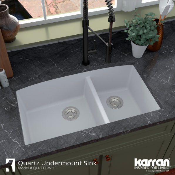 Karran 32" Undermount Quartz Composite Kitchen Sink, 60/40 Double Bowl, White, QU-711-WH-PK1