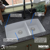 Karran 32" Undermount Quartz Composite Kitchen Sink, 60/40 Double Bowl, White, QU-711-WH-PK1